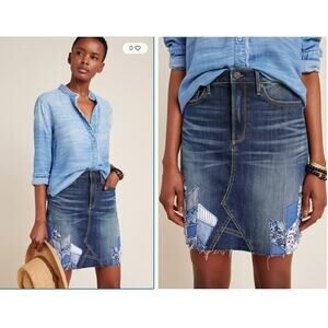 Driftwood Patchwork Stef Mini Skirt Dark Wash Blue Sz 30 Anthropologie